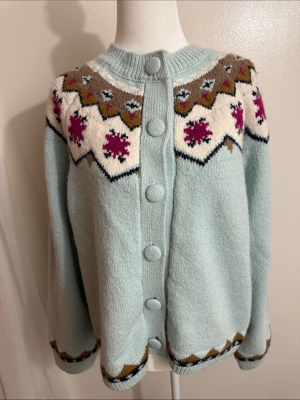 Bailey 44 Light Blue Nordic Button-Front Cardigan with Cream and Brown Accents